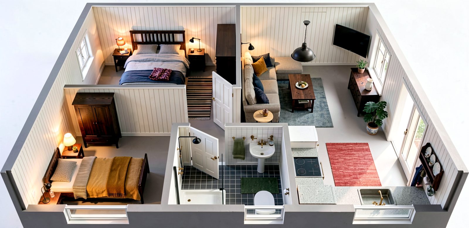 A cutaway 3D plan of a building showing a bedroom, bathroom and living space.