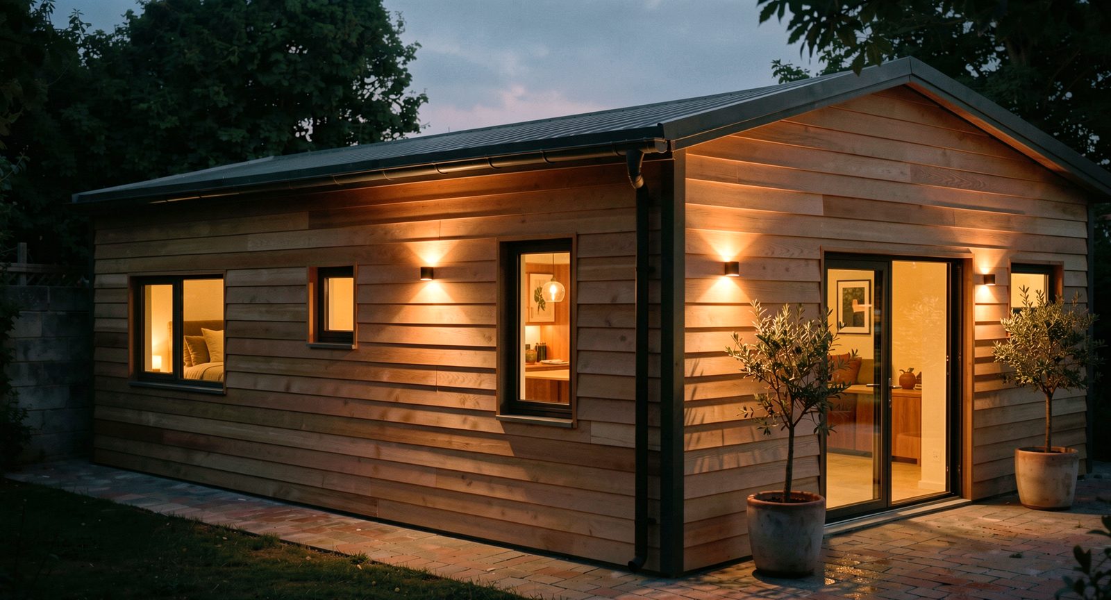The same garden room at dusk with wall lights lit.