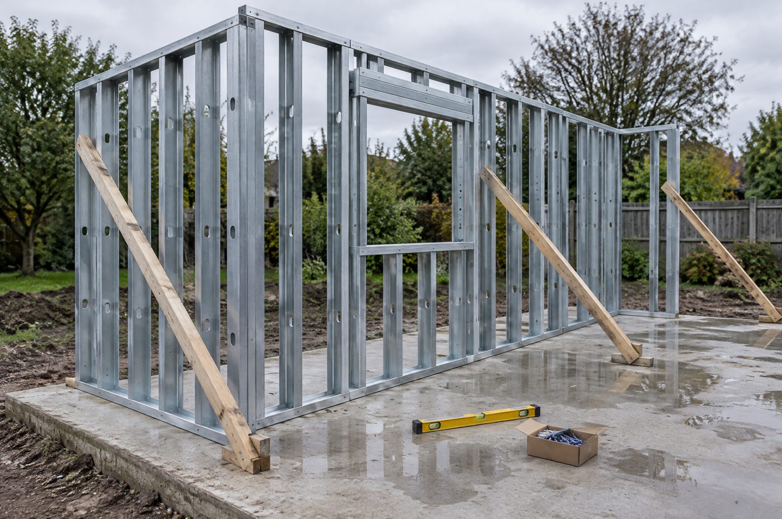 Light gauge steel wall frame panels standing on a concrete slab with timber braces.