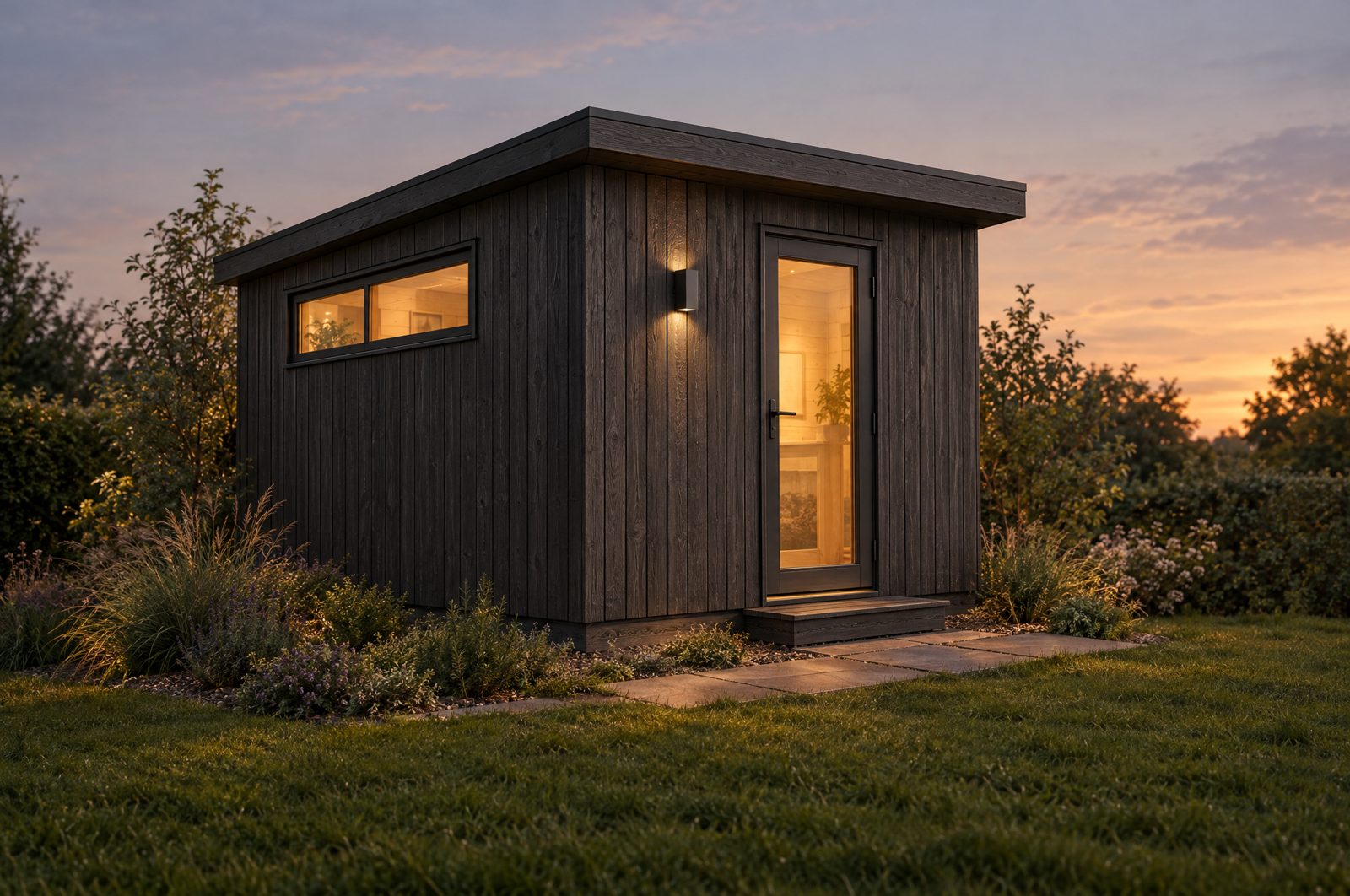 A flat roofed garden room clad in dark vertical timber at dusk with a lit window and door.