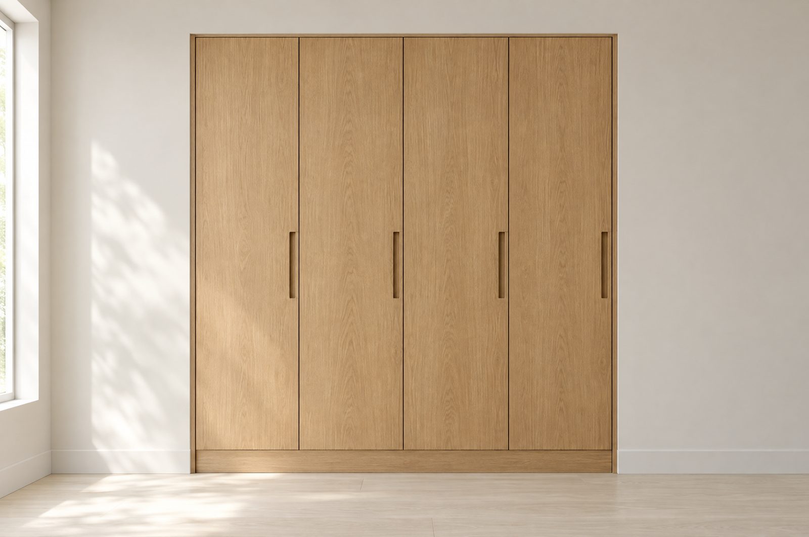 A fitted wardrobe with four oak veneer doors and recessed handles in a bright room.